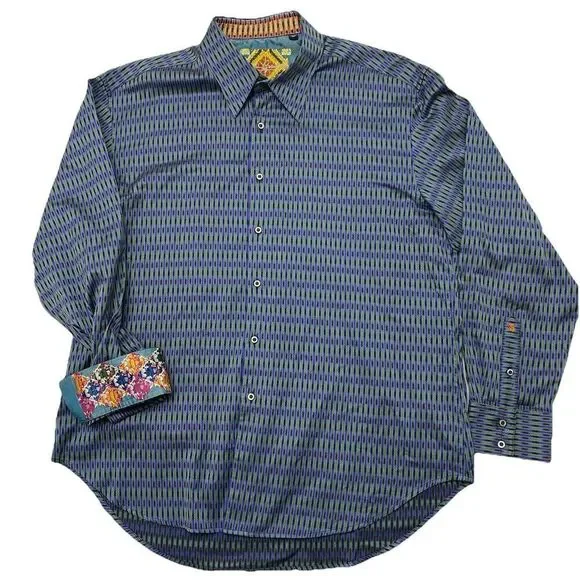Robert Graham Men's 2XL Flip Cuff Blue Green Striped Geometric Dress Shirt - Picture 2 of 13